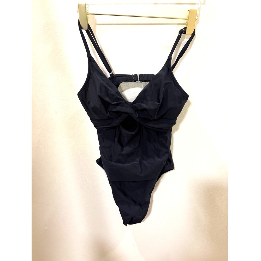 Womens Black Twist Front Keyhole One Piece Swimsuit Adjustable Straps Ruched